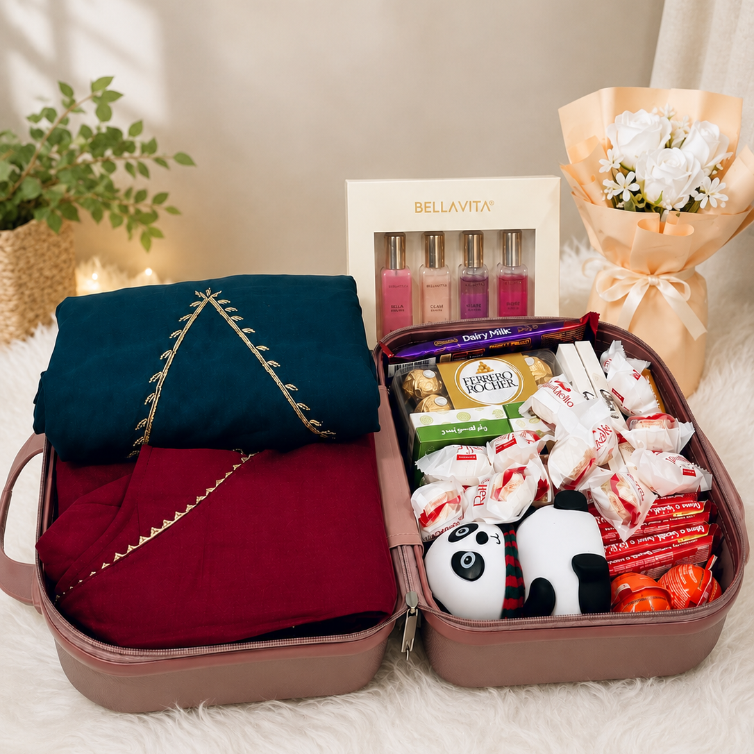 Mini Trolley Women's Gift Hamper with Party Wear Dresses, Bella Vita Perfume, Premium Chocolates
