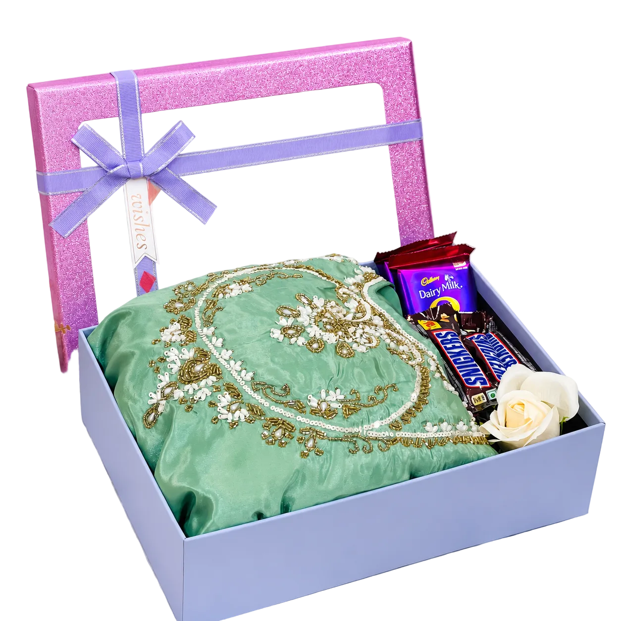 Premium party wear gift hamper with mint green embellished dress, Dairy Milk chocolates, Snickers bars and decorative flower in luxury gift box