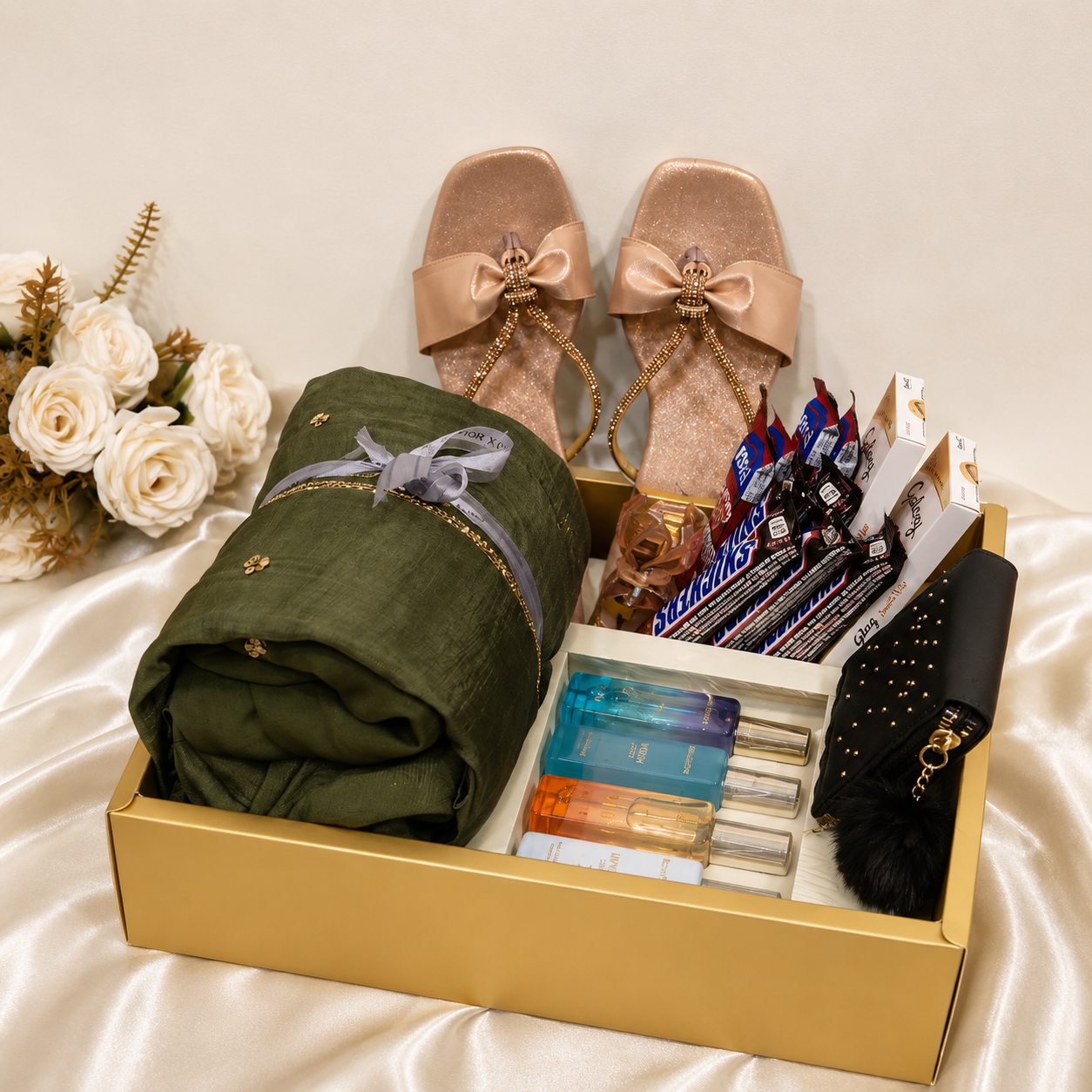 Premium party wear gift hamper for women with green dress, perfume, wallet, chappal and chocolates in luxury gift box