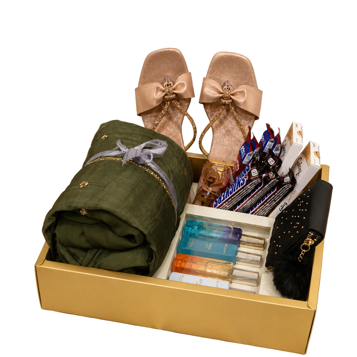 Premium party wear gift hamper for women with green dress, perfume, wallet, chappal and chocolates in luxury gift box