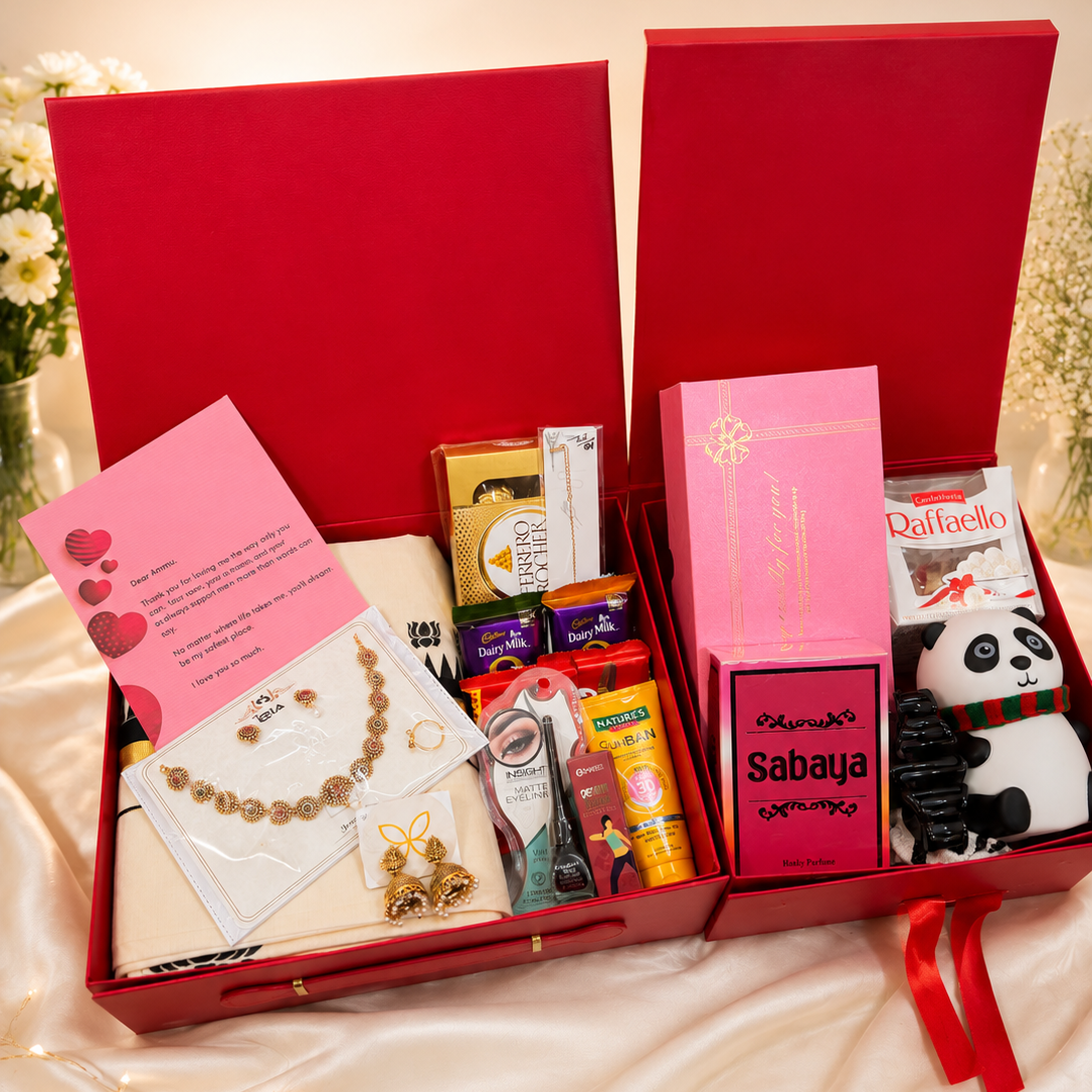 Luxury birthday gift hamper for her with dress, jewellery, perfume, chocolates, beauty essentials and light-up panda in a premium gift box.
