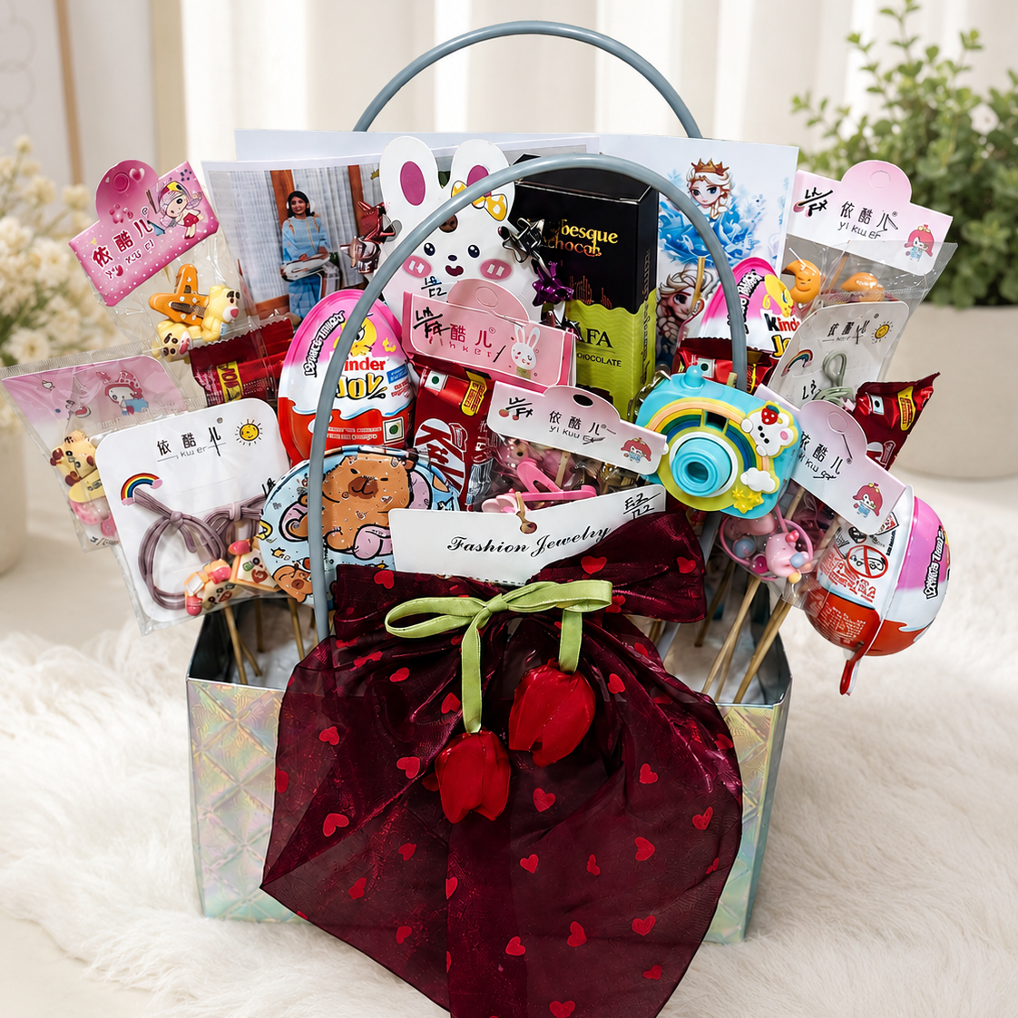 luxury kids surprise gift hamper with chocolates, Kinder Joy, toys, jewellery accessories, artificial tulips and decorative gift wrapping