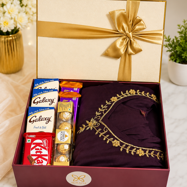 women’s party wear churidar gift hamper with Galaxy, KitKat, Ferrero Rocher and Dairy Milk Silk chocolates in a luxury gift box