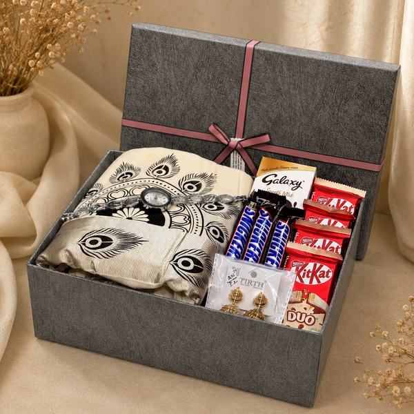 saree gift hamper for women with earrings, watch, Snickers and KitKat chocolates in premium gift box