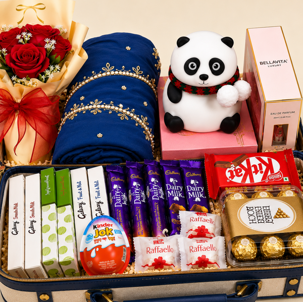 Luxury women gift hamper with dress, panda soft toy, Bella Vita perfume, periods massager, rose bouquet, Ferrero Rocher, chocolates, and premium gift box.