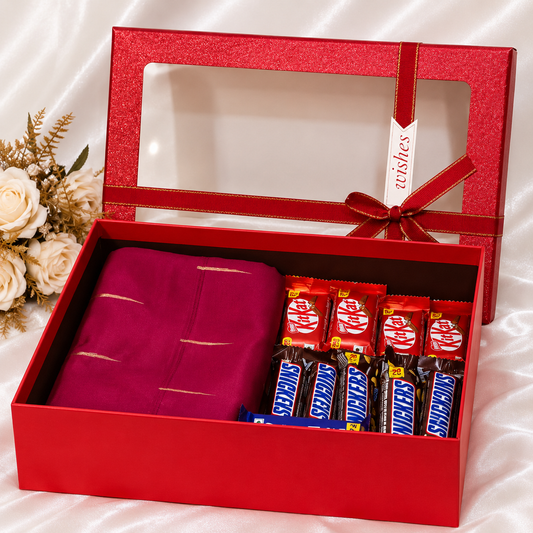 Premium saree gift hamper with KitKat, Snickers and Dairy Milk chocolates in elegant red gift box