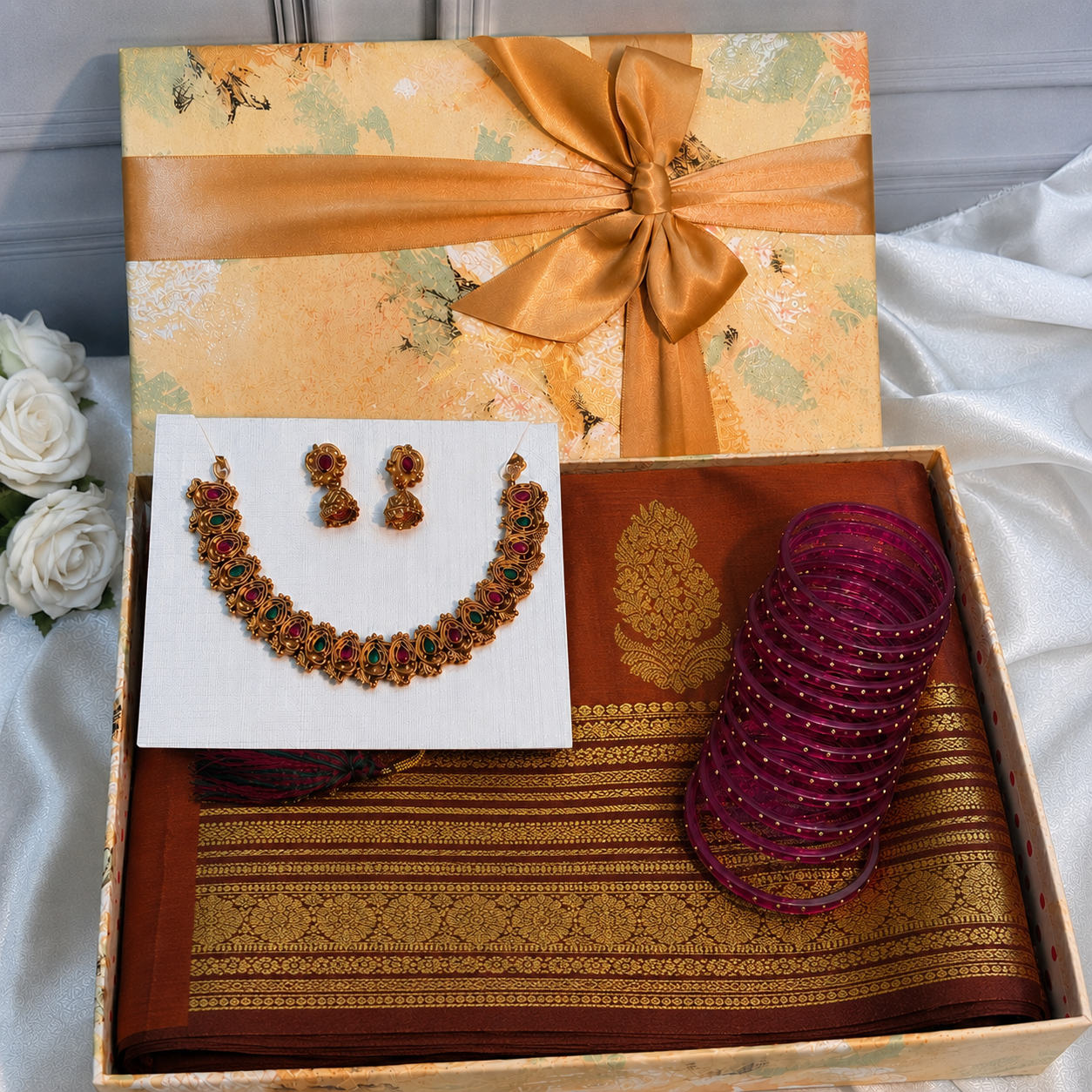 Onam Saree Gift Hamper with Jewellery & Bangles