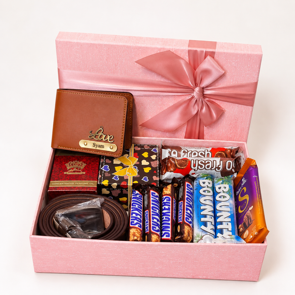 Premium men's gift hamper featuring a personalized name wallet, stylish watch, belt, Oudh attar, Snickers, Bounty, Dairy Milk Silk chocolates, Go Fresh, and a luxury pink gift box.