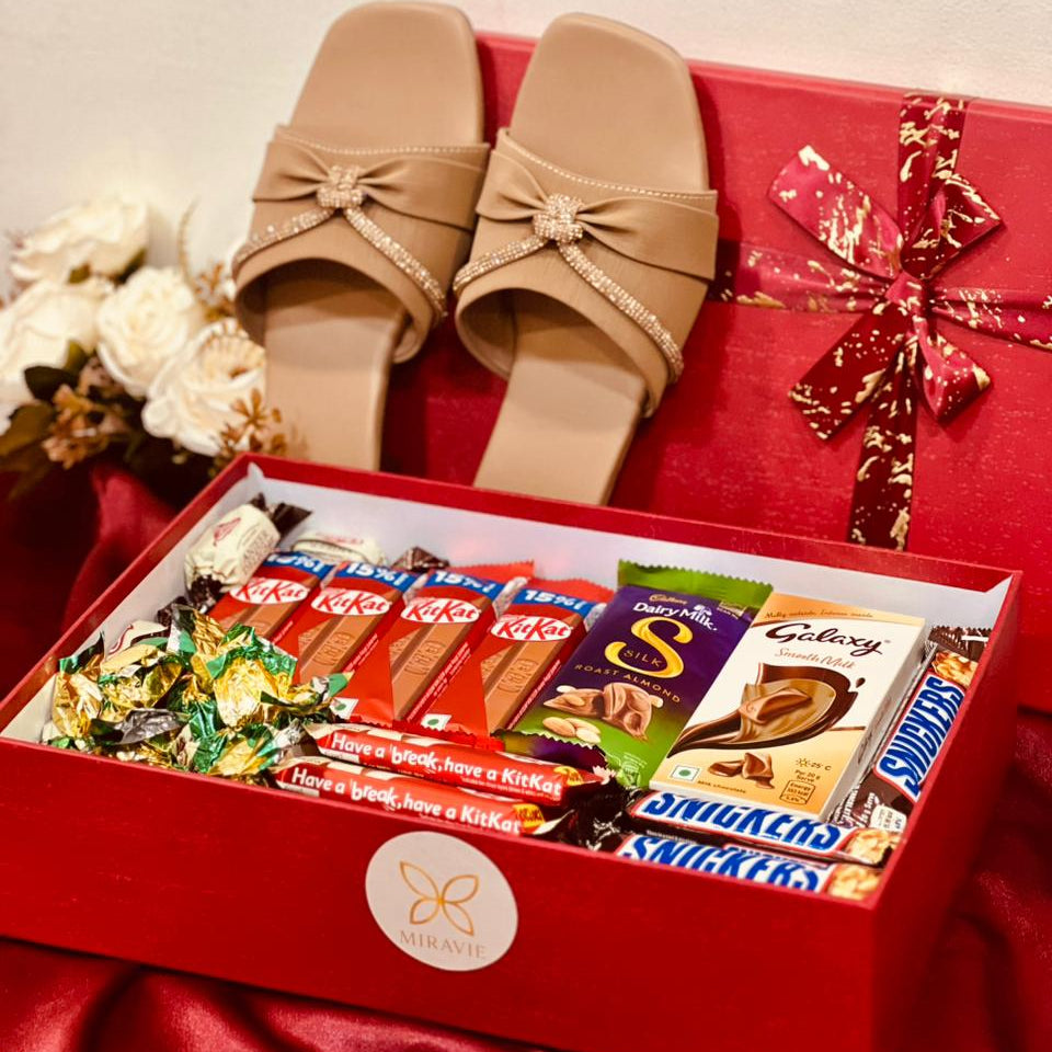 Premium Chappal & Chocolate Gift Set with KitKat, Dairy Milk Silk and Snickers in luxury red hamper box