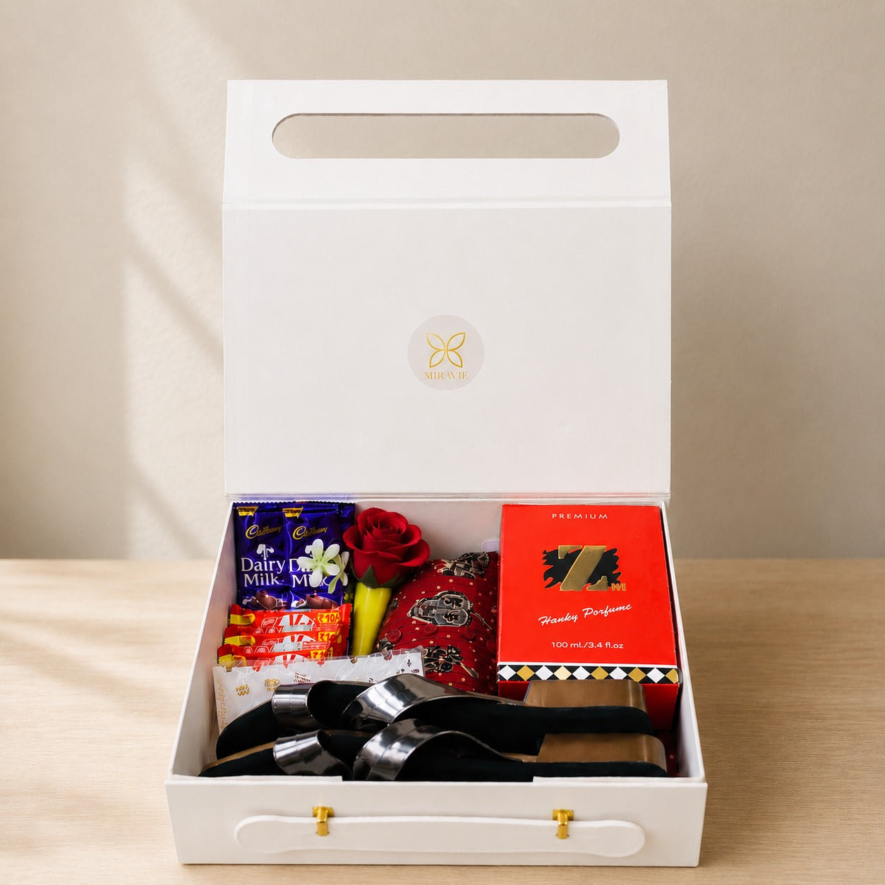 Premium Gift Hamper for Women with dress, chappal, perfume and chocolates in luxury gift box