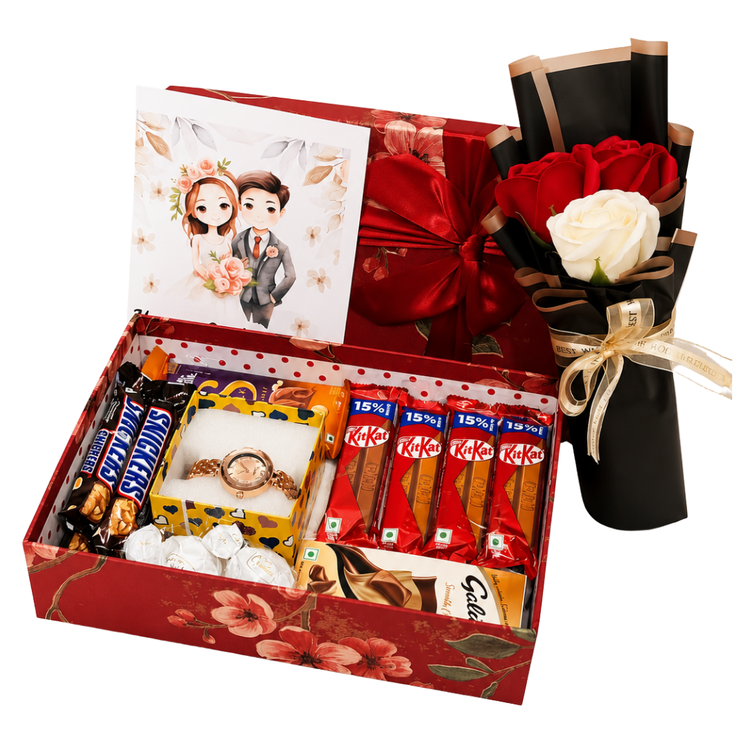 Premium romantic gift hamper featuring a luxury floral gift box with a stylish wrist watch, red and white rose bouquet, KitKat, Snickers, Galaxy, and Cadbury Dairy Milk chocolates, beautifully arranged for gifting.