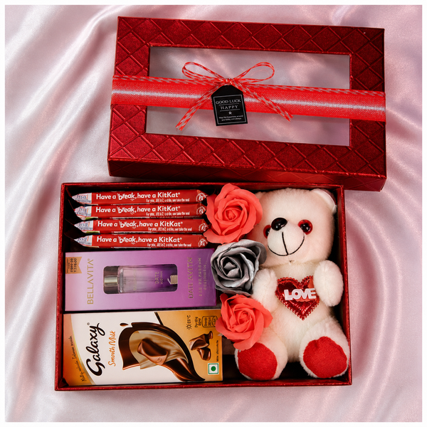 Teddy & Chocolate Gift Hamper with KitKat Galaxy and Mini Perfume