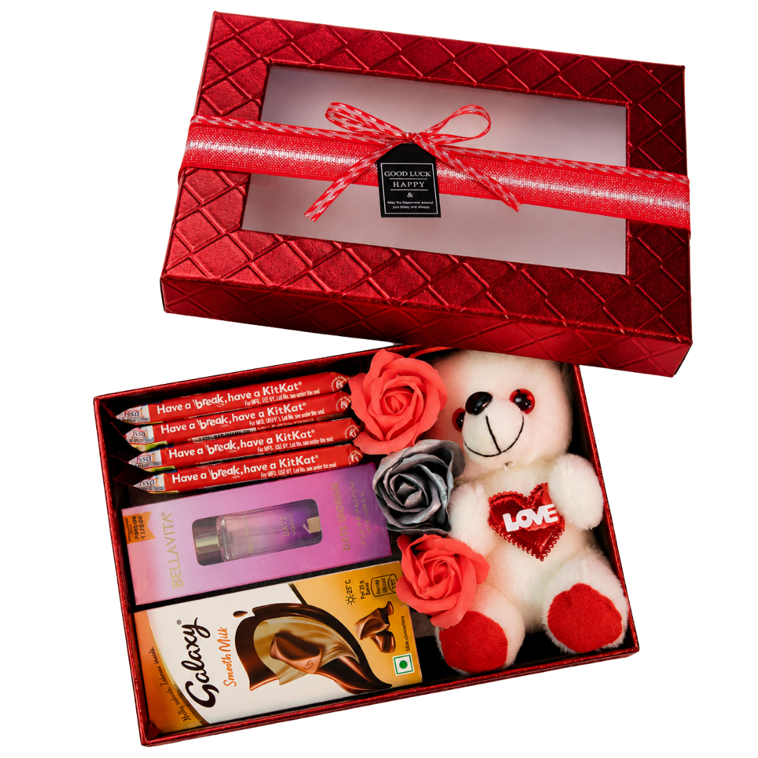 Romantic gift box with teddy bear, Bella Vita Date perfume, Galaxy Smooth Milk chocolate, KitKat chocolates, decorative roses, and luxury packaging for him and her.