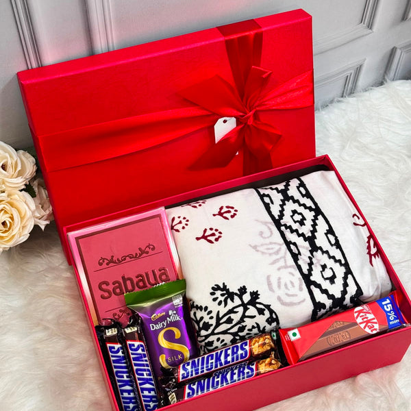 Luxury birthday gift box for her with Kottan saree, perfume, Dairy Milk, Snickers, KitKat chocolates in a premium red gift box