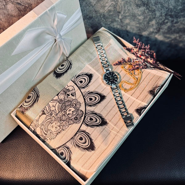 Premium Onam gift hamper featuring a Kerala Kasavu saree, women's stainless steel wristwatch, gold-plated chain, and a luxury reusable gift box.